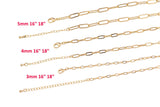 May include: Five gold chain necklaces of varying lengths and thicknesses are displayed against a white background.  The chains feature a classic cable link design.  Measurements for each chain are provided: 5mm 16' 18', 4mm 16' 18', and 3mm 16' 18'.  Each chain includes a lobster clasp. These are gold-filled extender chains.