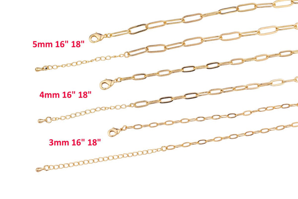 May include: Five gold chain necklaces of varying lengths and thicknesses are displayed against a white background.  The chains feature a classic cable link design.  Measurements for each chain are provided: 5mm 16&#39; 18&#39;, 4mm 16&#39; 18&#39;, and 3mm 16&#39; 18&#39;.  Each chain includes a lobster clasp. These are gold-filled extender chains.