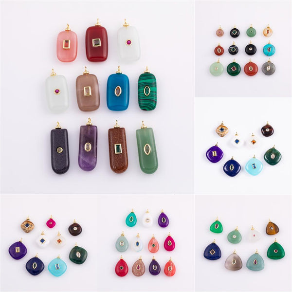 Natural stone pendant charm with crystal in the middle - gold plated brass bail