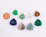 Natural stone pendant charm with crystal in the middle - gold plated brass bail