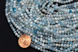 Natural Aquamarine- Beads Full Strands-15.5 inches- 2mm and 4mm- Nice Size Hole- Diamond Cutting, High Facets-Nice and Sparkly-Faceted Round