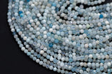 Natural Aquamarine- Beads Full Strands-15.5 inches- 2mm and 4mm- Nice Size Hole- Diamond Cutting, High Facets-Nice and Sparkly-Faceted Round