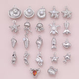 Silver Sea shell ocean beach summer nautical charms fish crab lobster turtle 18k Gold Filled Charm Bar Bracelets Necklaces Pave CZ Charms