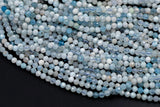 Natural Aquamarine- Beads Full Strands-15.5 inches- 2mm and 4mm- Nice Size Hole- Diamond Cutting, High Facets-Nice and Sparkly-Faceted Round