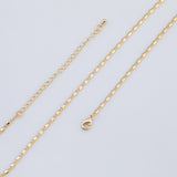 May include: Gold-colored necklace with a delicate chain design. The necklace features a lobster clasp closure and an adjustable chain. The chain has a series of small, rectangular links. The necklace is displayed on a white background.