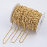 May include: A spool of gold-colored chain with a rounded link design. The chain is tightly wound on a white plastic spool, with several strands of the chain extending outwards. The chain is likely used for jewelry making or other craft projects.
