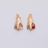 18K Gold PVD Hand with heart charm mini gold h charm dainty gold palm charm with clear red stone ag-202 16x8mm - Tarnish Resistant