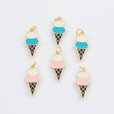 18K Gold PVD Enamel Ice Cream Cone with Real Freshwater 10x20mm Icecream cone charm s - Tarnish Resistant