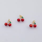 18K Gold PVD Red Cherry Charm, Enamel Charm, Cherries Pendant , Earring 14x13mm - Tarnish Resistant