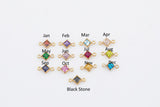 May include: Gold-toned connectors with colorful, diamond-shaped gemstones, each representing a month from January to December. A black stone connector is also shown. Text labels each month.