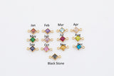 May include: Gold-toned connectors with colorful, diamond-shaped gemstones, each representing a month from January to December. A black stone connector is also shown. Text labels each month.