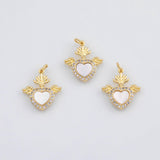 18K Gold PVD Sacred heart flying with wings charm with mother of pearl face 14k - Tarnish Resistant