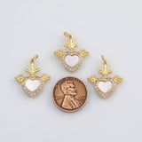18K Gold PVD Sacred heart flying with wings charm with mother of pearl face 14k - Tarnish Resistant