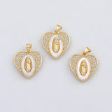 18K Gold pvd Catholic Jesus Mary Saint heart mother of pearl shell charm - Tarnish Resistant