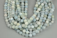 Natural aquamarine faceted round beads in full strands. 6mm, 8mm, 10mm, 12mm, 14mm - Full Strand 15.5 inch Strand - Grade A