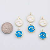 18K Gold PVD Wave charm enamel charm white blue ocean wave - Tarnish Resistant
