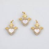 18K Gold PVD Sacred heart flying with wings charm with mother of pearl face 14k - Tarnish Resistant