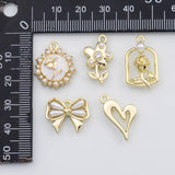 18K Gold PVD Flower bow ribbon pearl heart charm s Charms - Tarnish Resistant
