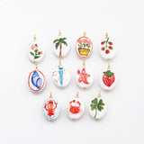 18K Gold PVD ! Ceramic Rose Lobster Crab Strawberry Tomato Dragonfly Sea Shell Palm Tree H-Painted Double Sided charm H made in USA - Tarnis