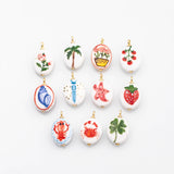 18K Gold pvd ! Ceramic Rose Lobster Crab Strawberry Tomato Dragonfly Sea Shell Palm Tree H-Painted Double Sided charm H made in USA - Tarnis