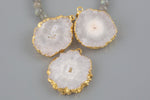 Solar Quartz Slice Druzy Crystal Edged in 24k Electroplated Gold Pendant and connector. 30mm to 36mm