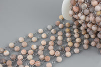 Natural Matt Round Pink Moonstone Rosary Chain by the Foot. 6mm Gunmetal Wire.