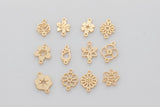 May include: A set of 12 gold-toned metal flower charms with intricate designs. Each charm features a different flower shape and has two small loops for attaching to jewelry or other crafts.