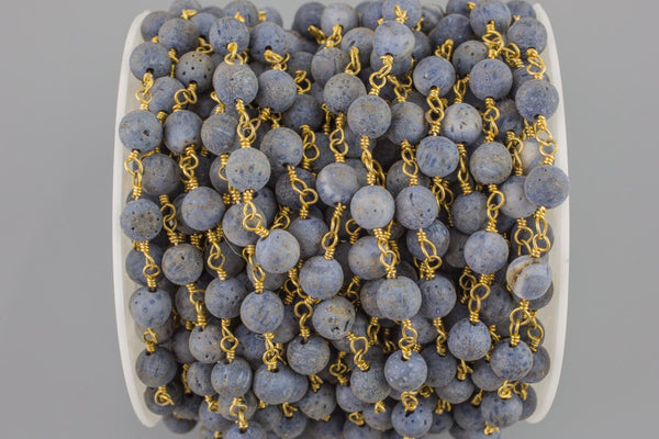 Natural Blue Coral Rosary Chain by the foot. 8mm Gold Brass Wire.