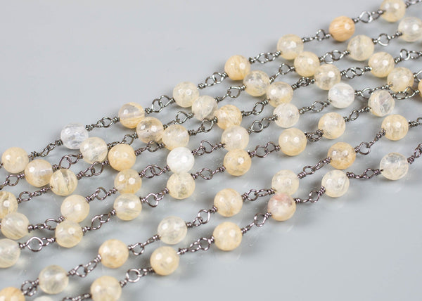 Champagne Quartz Rosary Chain-- High Quality 8mm round faceted-- Gun Metal Plated Brass