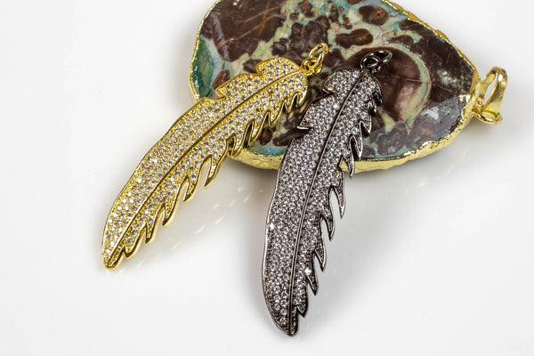 Feather CZ Pave Large Size High Quality! Colors: Gold, White gold, gunmetal, rose gold.