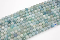 Natural aquamarine faceted round beads in full strands. 6mm, 8mm, 10mm, 12mm, 14mm - Full Strand 15.5 inch Strand - Grade A