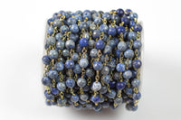 CLOSE OUT SALE!!! 1 Yard / 3 Feet !!! Faceted Round Lapis Rosary Chain by the yard. 6mm Gold Plated Wire- Footage or Whole Spool