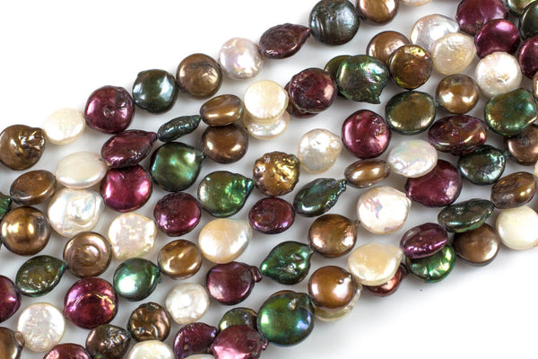 Natural 13-14mm Coin Pearl Freshwater Pearl, Full strands- Multi Color! Gemstone Beads