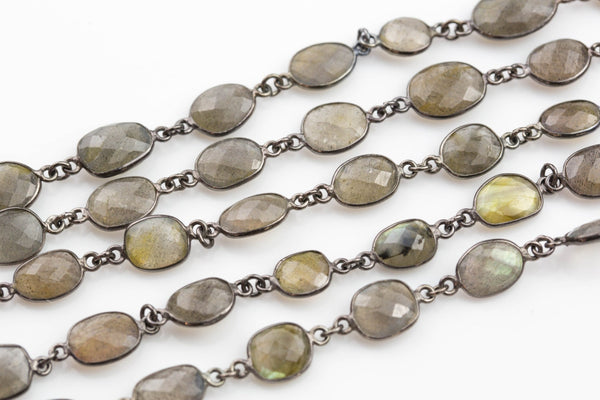 Natural Labradorite Bezel Chain by the Foot. Mixed Shape- Average size - 10*12mm Gunmetal