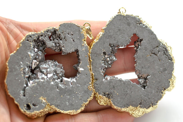 Mystic Silver Agate Hollow Druzy Pendant 2.25 inches