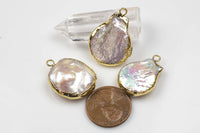 Small Coin Pearl Charm or Pendant with 24k Gold Electroplated Edge. Connectors.