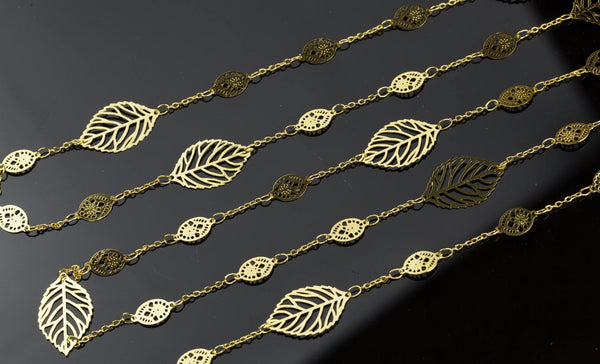 Fancy with Leaf Gold Plated Brass Chain. High Quality 24 Karat Gold Plating. By THE YARD