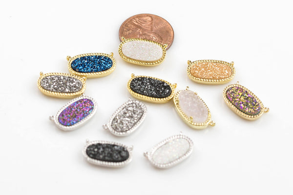 Druzy Oval Connectors wrapped in Gold Pendants 2 Loops - 10*17mm - 11 Colors