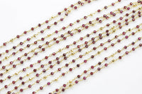 SHARP CUT DiAMOND CUT Brilliant Super High Quality Garnet with Gold Pyrite Rosary Chain by the Foot. 2-3mm Stones- Gold Plated Wire