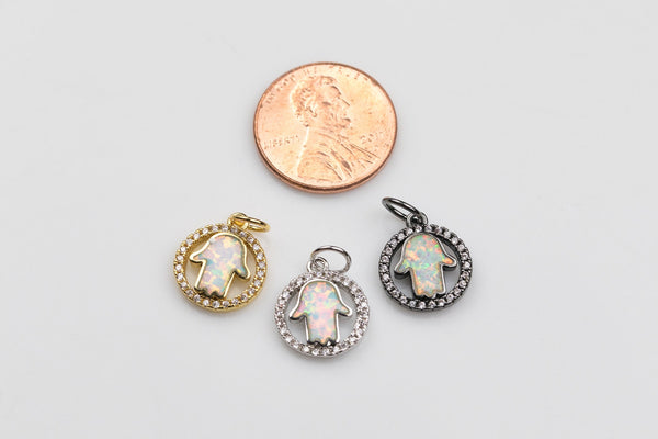 Hand of Fatima White Opal Charms / Pendants - Gold Silver Gunmetal 12mm