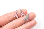 5 PINK BREAST CANCER Awareness Ribbon Charms or Pendants- Pink Enamel- 11x16mm