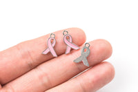 5 PINK BREAST CANCER Awareness Ribbon Charms or Pendants- Pink Enamel- 11x16mm