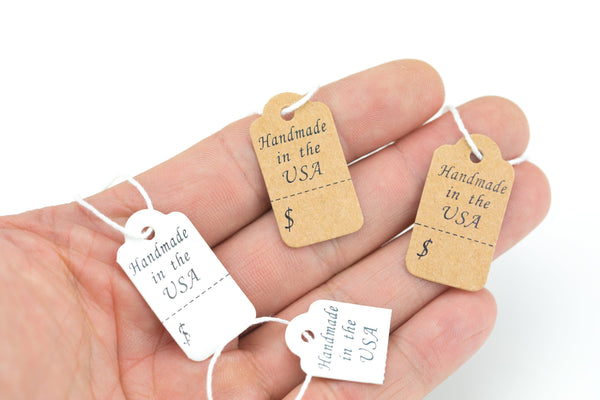 100 Handmade in the USA Tags-Hang Tags-Price Tags- Cuttable Price Area USA-Kraft Punch Or White- Custom made for Designers!