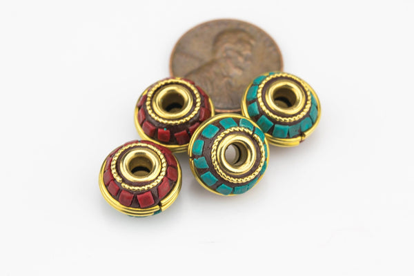 Tibetan Beads- Roundel- Turquoise and Coral on brass Inlays- 8x9mm - 5 pcs