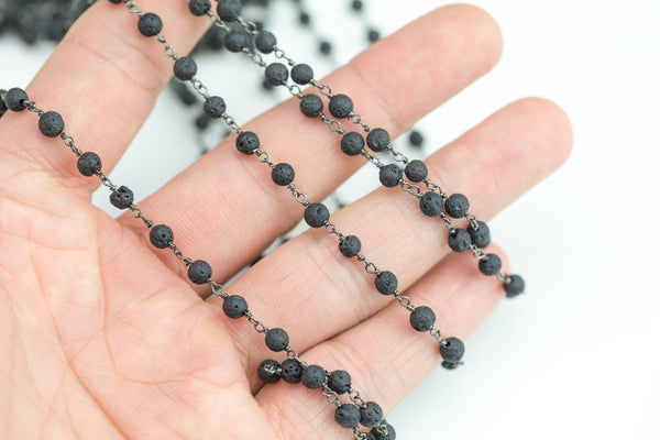 Natural Lava Rocks Rosary Chain by the foot. 4mm Gunmetal Gold Plated Brass Wire- High Quality