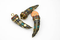 Tibetian Horn in Brass with Turquoise Coral In Lay-2.5 inches long