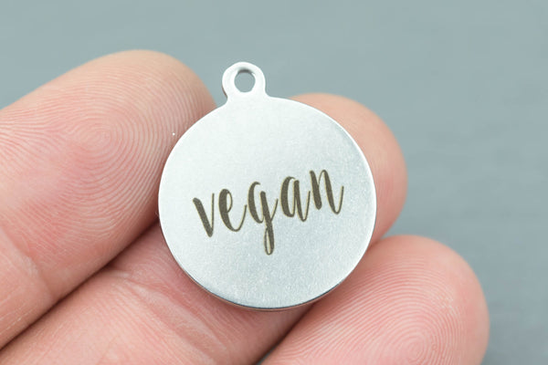 Stainless Steel Charms -- vegan - Laser Engraved Silver Tone - Bulk Pricing