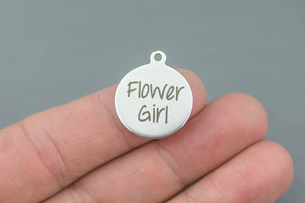 Stainless Steel Charms -Flower Girl - Laser Engraved Silver Tone - Bulk Pricing