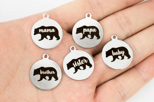 Stainless Steel Charms BEAR Charms Family Bear Collection - Laser Engraved Silver Tone - Mama Papa Brother Sister Baby Bear - Bulk Pricing