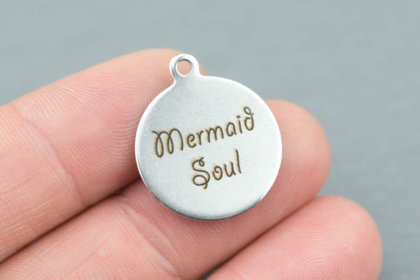 Stainless Steel Charms -Mermaid Soul - Laser Engraved Silver Tone - Bulk Pricing